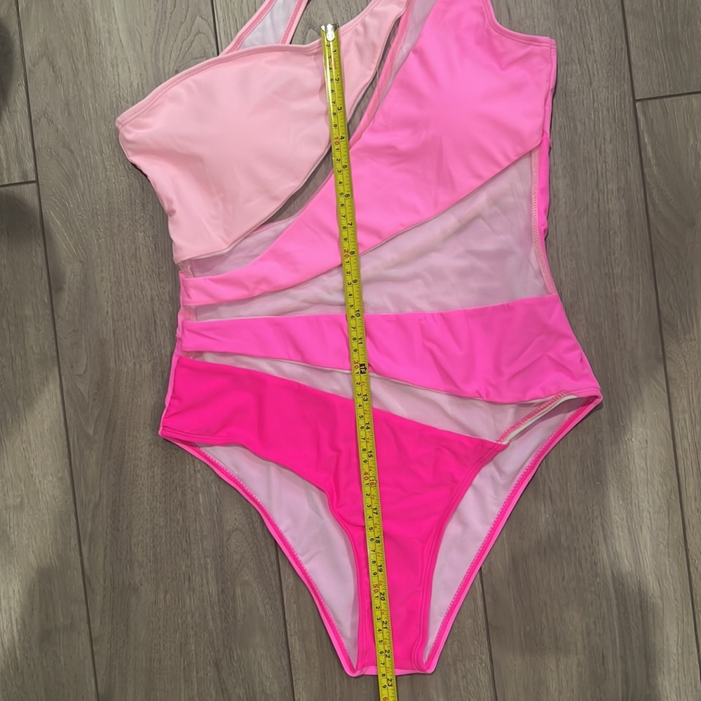 NEW Color Block One Shoulder Mesh Insert One Piece Swimsuit - Picture 11 of 11